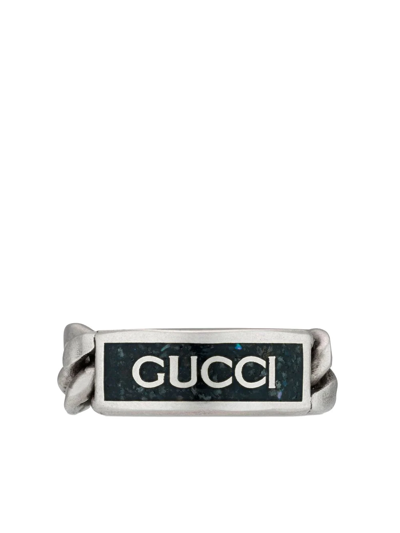 Gucci Logo Plaque Chain Ring In Silver