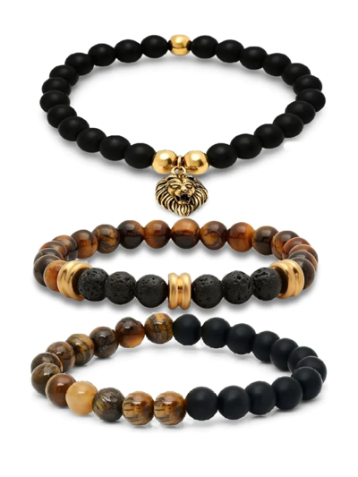 Anthony Jacobs Men's 3-piece 18k Goldplated, Tiger's Eye & Black Lava Beaded Bracelet Set