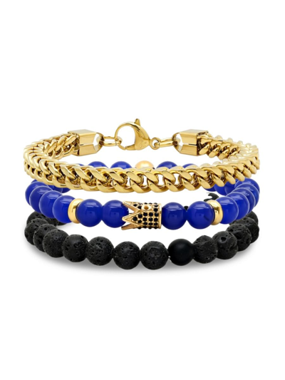 Anthony Jacobs Men's 3-piece 18k Goldplated, Simulated Black Diamond, Blue Agate & Black Lava Bracelet Set