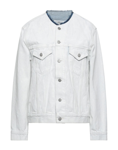 Maison Margiela Bianchetto Hand-painted Collarless Denim Jacket In White Crackle