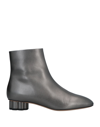 Ferragamo Ladies Briza Grey Flower Heel Metallic Ankle Boots In Steel Grey
