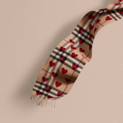 Burberry The Classic Cashmere Scarf In Check And Hearts In Parade Red