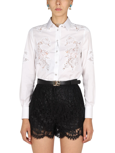 Dolce & Gabbana Chantilly Lace-paneled Cotton-blend Poplin Shirt In White