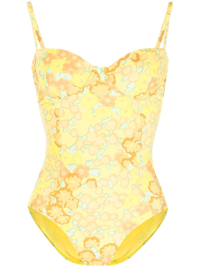 Tory Burch Printed Underwire One-piece Swimsuit In Yellow Blossom Large