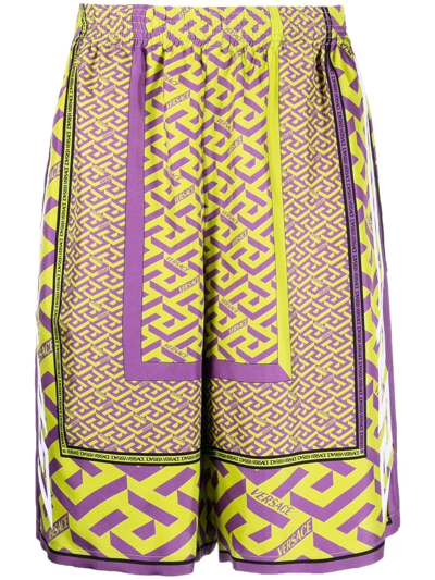 Versace La Greca-print Silk Shorts In Purple