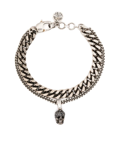 Alexander Mcqueen Double-chain Skull Charm Bracelet In Silver