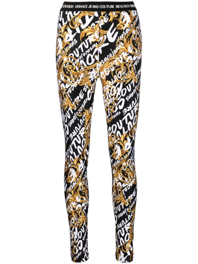 Versace Jeans Couture Logo-print Baroque-pattern Leggings In Black