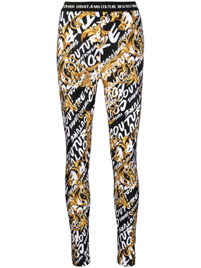 Versace Jeans Couture Versae Jeans Couture Woman's  Stretch Fabric Leggings With Brush Logo Print In Black
