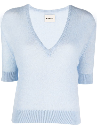 Khaite Sierra V-neck Short-sleeve Cashmere Sweater In Light Blue