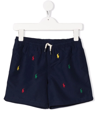 Ralph Lauren Kids' All-over Logo-embroidered Swim Shorts In Blue