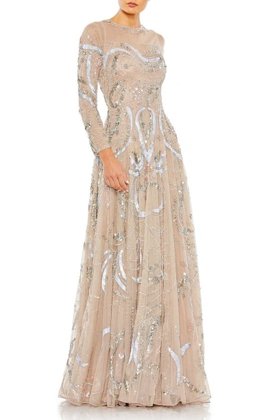 Mac Duggal Sequin Long Sleeve Mesh Gown In Nude