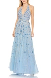 Mac Duggal Floral Sequin Plunge Neck A-line Gown In Powder Blue
