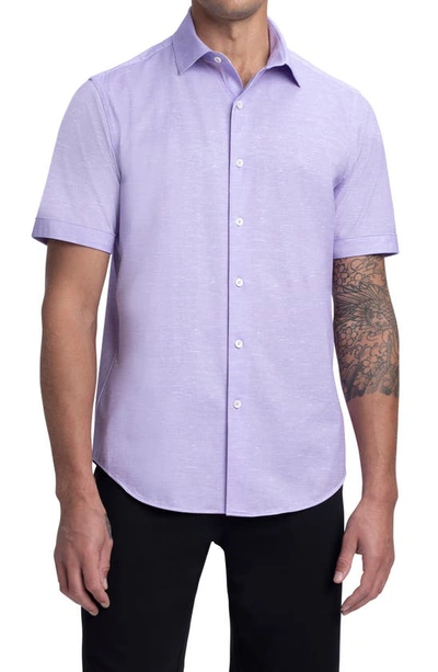 Bugatchi Tech Slub Knit Short Sleeve Stretch Cotton Button-up Shirt In Lilac