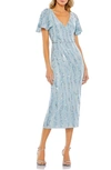 Mac Duggal Sequined V Neck Flutter Sleeve Tea Length Dress In Powder Blue