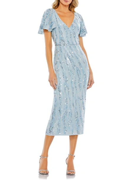 Mac Duggal Sequined V Neck Flutter Sleeve Tea Length Dress In Powder Blue