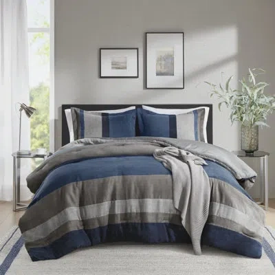 510 Design Boulder Striped Microsuede Plush Comforter Set In Farmhouse Style In Blue