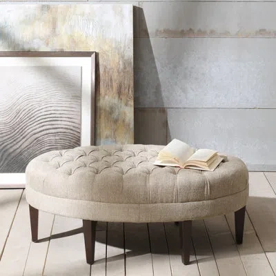 510 Design Martin Button Tufted Oval Cocktail Ottoman In Beige Polyester Blend