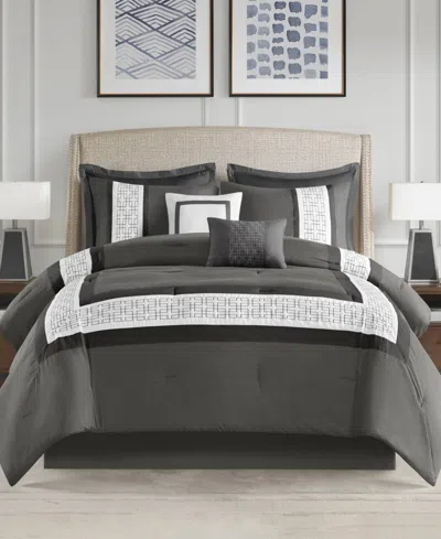 510 Design Powell Embroidered 8 Piece Comforter Set, Queen In Dark Grey