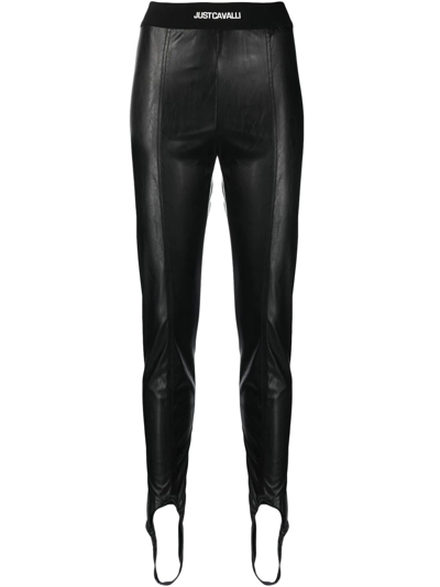 Just Cavalli Faux-leather Logo Waistband Leggings In Black