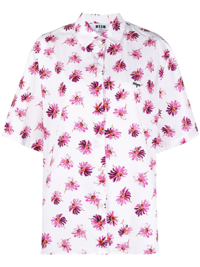 Msgm Floral-print Short-sleeved Shirt In White