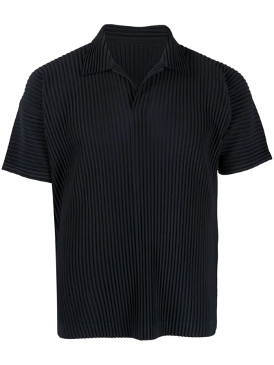 Issey Miyake Ns Pleated Short-sleeves Relaxed-fit Knitted Polo Shirt Navy In Black