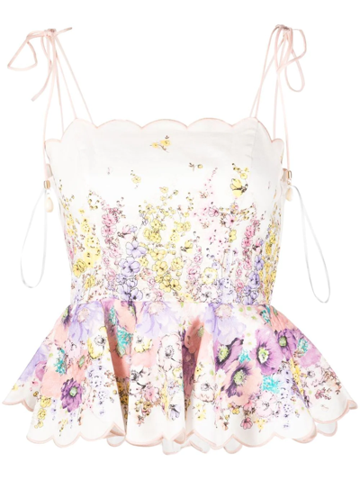 Zimmermann Jude Scalloped Floral-print Linen Peplum Top In Peach Gradient Floral