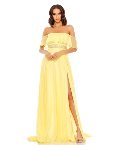 Mac Duggal Halter Off The Shoulder Beaded Waist A Line Gown In Lemon