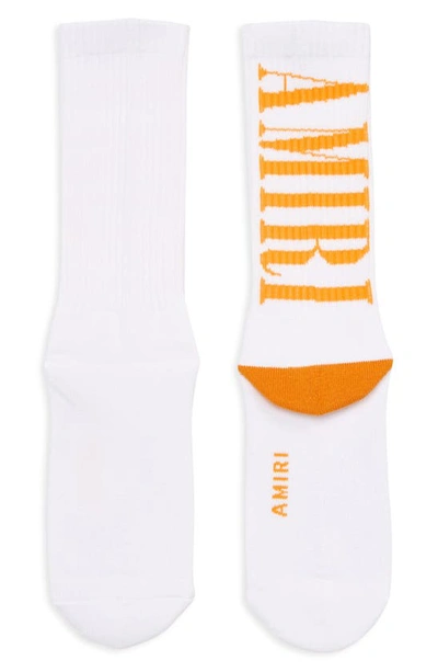 Amiri Vertical Logo Rib Crew Socks In White / Orange