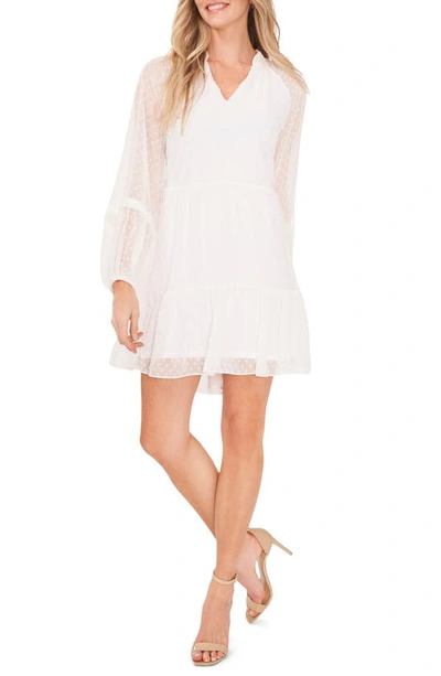 Cece Clip Dot Ruffle Long Sleeve Shift Dress In Soft Ecru