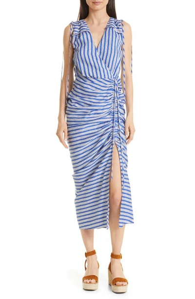 Veronica Beard Teagan Striped Linen Ruched Wrap Midi Dress In Cobalt Multi