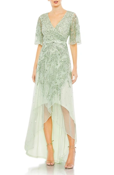 Mac Duggal Sequin High-low Chiffon Gown In Sage