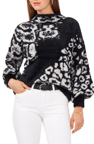 Vince Camuto Long Sleeve Animal Jacquard Eyelash Sweater In Black