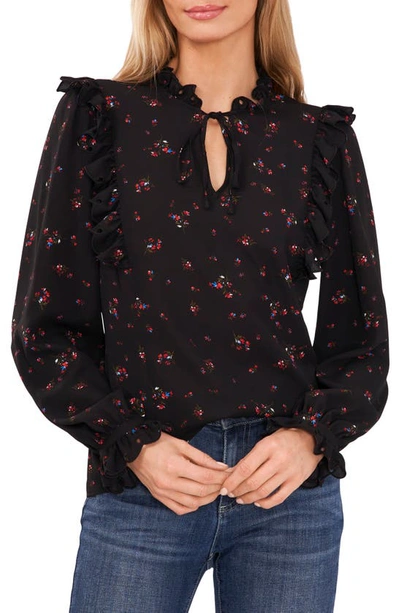 Cece Floral Ruffle Split Neck Blouse In Rich Black