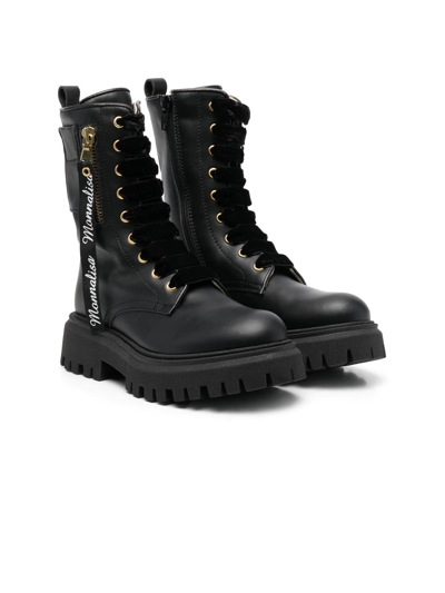 Monnalisa Logo-trim Lace-up Combat Boots In Black