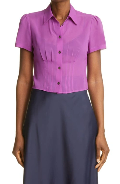 Club Monaco Short Sleeve Silk Blouse In Purple
