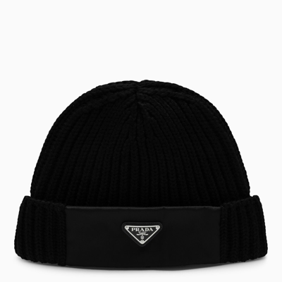 Prada Re-nylon Gabardine/ Wool Cap In Black