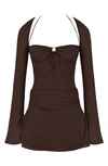 House Of Cb Baby Halter Long Sleeve Minidress In Chocolate