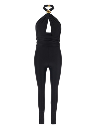 Saint Laurent Embellished Cutout Stretch-satin Halterneck Jumpsuit In Black