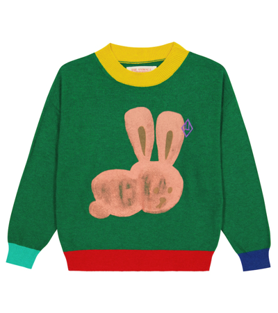 The Animals Observatory Kids' Rabbit Printed Wool Tricot Knit Sweater In Green