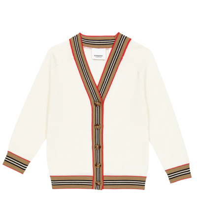 Burberry Kids' Ivory Cardigan For Baby Boy With White Embroidered Logo In Nude & Neutrals