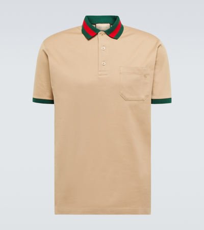 Gucci Cotton Piquet Polo With Web Collar In Beige