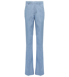Saint Laurent Contrast-stitch Pressed-crease Flared-leg High-rise Cotton Trousers In Light Blue