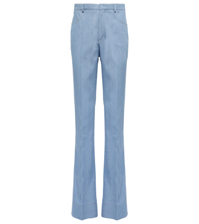 Saint Laurent Contrast-stitch Pressed-crease Flared-leg High-rise Cotton Trousers In Bleu Ciel