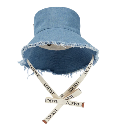 Loewe Logo Frayed Denim Bucket Hat In Blue