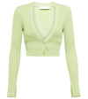 Jonathan Simkhai Kayla Green Cropped Ribbed-knit Cardigan In Pear