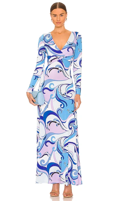 L Agence Nolita Twist-front Printed Stretch-crepe Maxi Dress In Blue/ Lavender