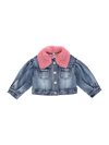 Monnalisa Denim Jacket With Bouclé Collar In Stone Bleach