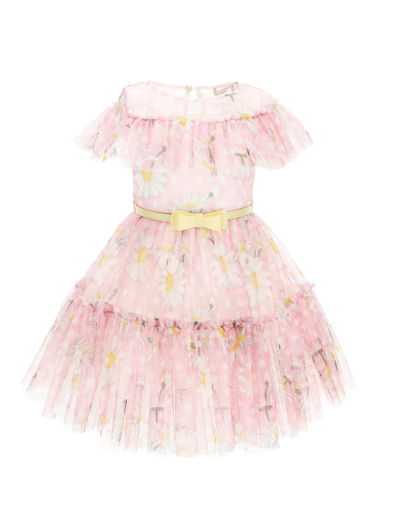 Monnalisa Kids'   Daisy Print Tulle Dress In Cream + Peach Pink