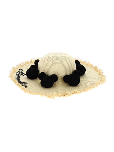 Monnalisa Straw Hat With Flowers In Beige + Black