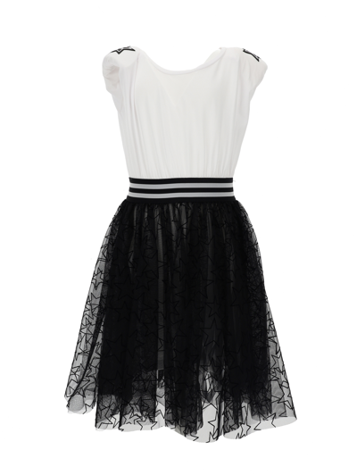 Monnalisa Star Print Jersey Playsuit With Tulle Skirt In White + Black